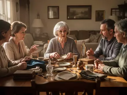 Eine ältere Frau sitzt mit ihrer Familie an einem Esstisch, um gemeinsam persönliche Erbstücke zu besprechen und zu verteilen. - Foto: über boerse-global.de