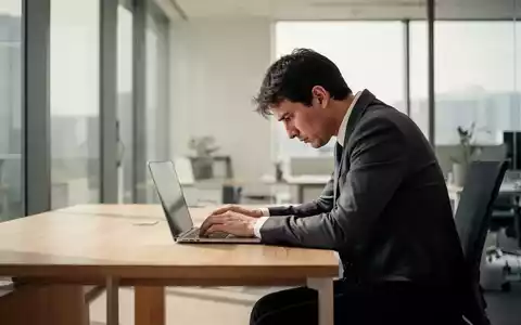 Eine erschöpft wirkende Person sitzt an einem Schreibtisch in einem modernen Büro und arbeitet an einem Laptop. - Foto: über boerse-global.de
