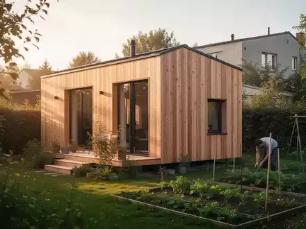 Ein modernes, minimalistisches Tiny House in einem grünen Garten bei goldenem Sonnenlicht. - Foto: über boerse-global.de