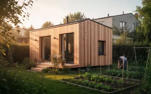 Ein modernes, minimalistisches Tiny House in einem grünen Garten bei goldenem Sonnenlicht. - Foto: über boerse-global.de