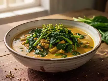 Ein frisch zubereitetes vegetarisches Curry aus Senfgrün und Spinat in einer Keramikschale auf einem Holztisch. - Foto: über boerse-global.de