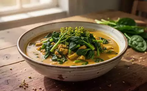 Ein frisch zubereitetes vegetarisches Curry aus Senfgrün und Spinat in einer Keramikschale auf einem Holztisch. - Foto: über boerse-global.de