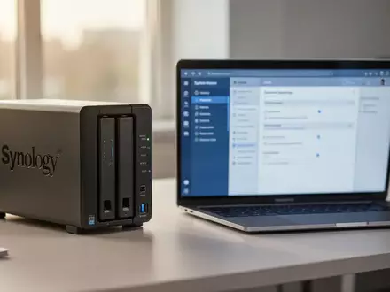 Ein Synology-NAS-Speichersystem auf einem modernen Schreibtisch in einem Büro. - Foto: über boerse-global.de