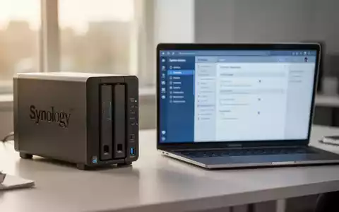 Ein Synology-NAS-Speichersystem auf einem modernen Schreibtisch in einem Büro. - Foto: über boerse-global.de