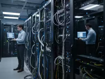 Ein moderner IT-Serverraum mit Serverschränken und Verkabelung in einem professionellen Unternehmensumfeld. - Foto: über boerse-global.de
