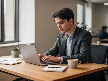 Ein junger Erwachsener arbeitet konzentriert an einem Laptop in einem modernen, hellen Büro. - Foto: über boerse-global.de