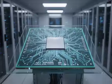 Nahaufnahme eines Hochleistungs-Wafer-Scale-Prozessors in einem modernen Rechenzentrum mit bläulicher Beleuchtung. - Foto: über boerse-global.de