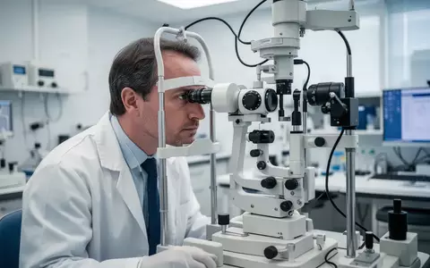 Ein Augenarzt untersucht mit einem modernen Spaltlampen-Mikroskop hochpräzise Strukturen des menschlichen Auges. - Foto: über boerse-global.de