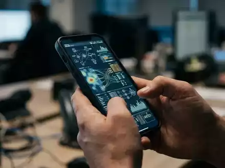 Nahaufnahme einer Person, die ein Smartphone mit einer Sicherheitswarnung in einer professionellen Büroumgebung hält. - Foto: über boerse-global.de
