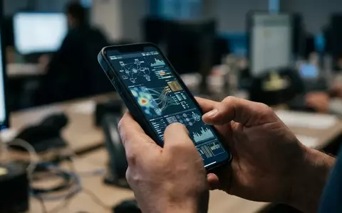 Nahaufnahme einer Person, die ein Smartphone mit einer Sicherheitswarnung in einer professionellen Büroumgebung hält. - Foto: über boerse-global.de