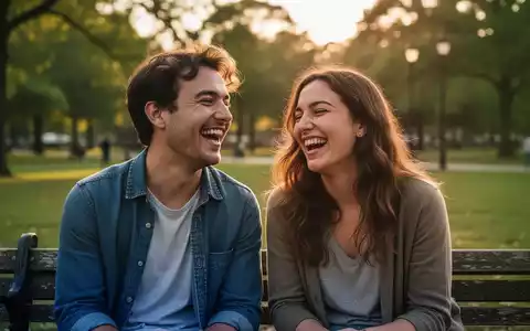 Zwei Freunde lachen gemeinsam auf einer Parkbank in der Abendsonne als Symbol für soziale Bindungen und Gesundheit. - Foto: über boerse-global.de