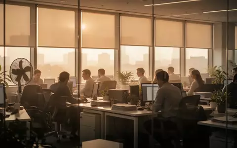 Büroarbeitsplatz während einer Hitzewelle mit Jalousien, Sonnenlicht und einem Schreibtischventilator. - Foto: über boerse-global.de