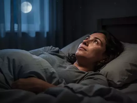 Eine Person liegt nachts wach in einem abgedunkelten Schlafzimmer und blickt ruhig zur Decke. - Foto: über boerse-global.de