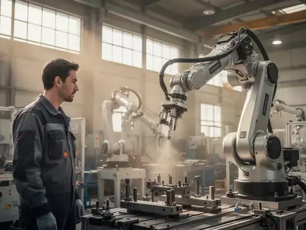 Ein Ingenieur beobachtet eine Roboter-Fertigungsanlage in einer modernen Industriehalle bei natürlichem Licht. - Foto: über boerse-global.de