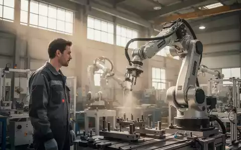 Ein Ingenieur beobachtet eine Roboter-Fertigungsanlage in einer modernen Industriehalle bei natürlichem Licht. - Foto: über boerse-global.de