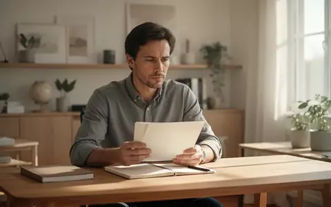 Eine konzentrierte Person sitzt an einem minimalistischen Schreibtisch und blickt nachdenklich auf ein leeres Notizbuch. - Foto: über boerse-global.de