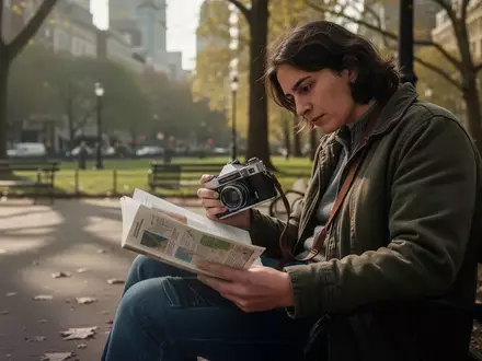 Eine Person sitzt in einem sonnigen Stadtpark und hält eine analoge Kamera und ein gedrucktes Buch in den Händen. - Foto: über boerse-global.de