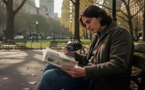 Eine Person sitzt in einem sonnigen Stadtpark und hält eine analoge Kamera und ein gedrucktes Buch in den Händen. - Foto: über boerse-global.de