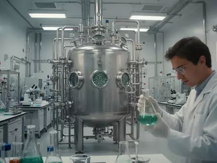 Ein Forscher in einem modernen biotechnologischen Labor vor einem großen, glänzenden Bioreaktor aus Edelstahl. - Foto: über boerse-global.de