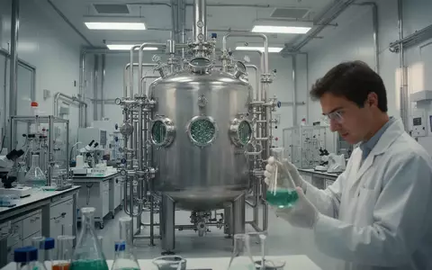 Ein Forscher in einem modernen biotechnologischen Labor vor einem großen, glänzenden Bioreaktor aus Edelstahl. - Foto: über boerse-global.de