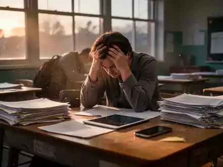 Erschöpfte Lehrkraft sitzt in einem ruhigen Klassenzimmer an einem mit Unterlagen und elektronischen Geräten überladenen Schreibtisch. - Foto: über boerse-global.de