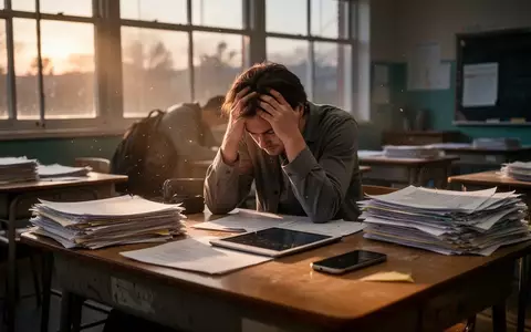 Erschöpfte Lehrkraft sitzt in einem ruhigen Klassenzimmer an einem mit Unterlagen und elektronischen Geräten überladenen Schreibtisch. - Foto: über boerse-global.de