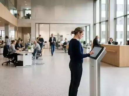 Ein Bürger nutzt ein Tablet in einem modernen, hellen Behördengebäude für digitale Verwaltungsdienstleistungen. - Foto: über boerse-global.de