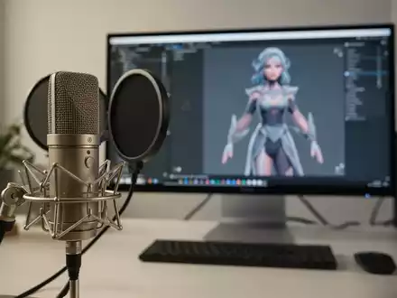 Ein professionelles Mikrofon steht vor einem Monitor, auf dem ein digitaler 2D-Avatar für die Live-Interaktion zu sehen ist. - Foto: über boerse-global.de