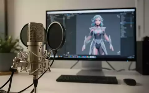 Ein professionelles Mikrofon steht vor einem Monitor, auf dem ein digitaler 2D-Avatar für die Live-Interaktion zu sehen ist. - Foto: über boerse-global.de