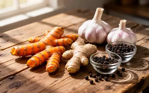 Frische Kurkuma, Ingwer, Knoblauch und schwarzer Pfeffer auf einem rustikalen Holztisch in einer Küche. - Foto: über boerse-global.de