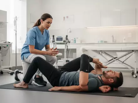 Physiotherapeut bei der Anleitung eines Patienten zur Rumpfstabilisation in einer modernen Praxis. - Foto: über boerse-global.de