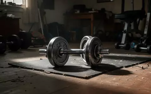 Eine einzelne Hantel auf einer Gummimatte in einem schattigen Fitnessraum. - Foto: über boerse-global.de