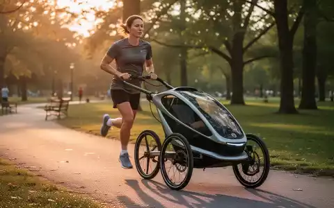 Ein Elternteil joggt mit einem speziellen Laufkinderwagen auf einem befestigten Weg in einem Park bei sonnigem Wetter. - Foto: über boerse-global.de