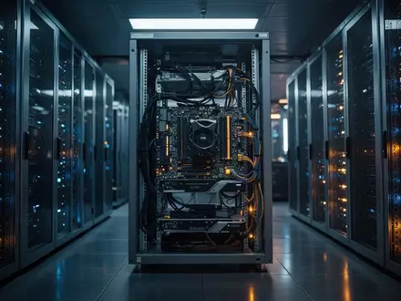 Ein moderner Serverraum mit blauer und bernsteinfarbener Beleuchtung, der eine technologische Umgebung für KI-Simulationen darstellt. - Foto: über boerse-global.de