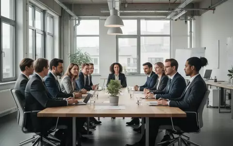 Eine Gruppe von Arbeitnehmern in einem hellen, modernen deutschen Bürogebäude während einer Besprechung. - Foto: über boerse-global.de