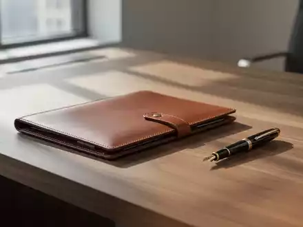 Ein moderner Schreibtisch mit einer Ledermappe und einem Füllfederhalter in einem hellen, professionellen Büro. - Foto: über boerse-global.de