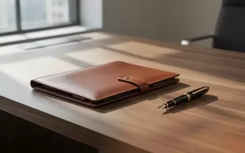 Ein moderner Schreibtisch mit einer Ledermappe und einem Füllfederhalter in einem hellen, professionellen Büro. - Foto: über boerse-global.de