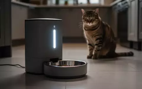 Ein moderner, ausgeschalteter Futterautomat für Haustiere steht in einer Küche, während eine Katze wartend daneben sitzt. - Foto: über boerse-global.de