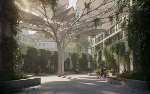 Moderne, begrünte urbane Architektur mit einem architektonischen Schattendach zur Kühlung eines öffentlichen Platzes. - Foto: über boerse-global.de