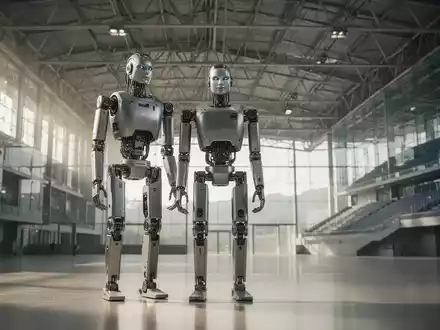 Ein humanoider Roboter steht in der modernen Architektur des National Speed Skating Ovals in Peking. - Foto: über boerse-global.de
