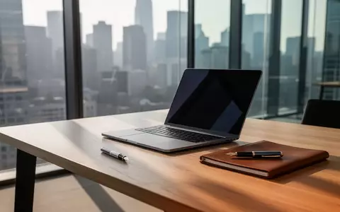 Ein minimalistischer Büroschreibtisch mit Laptop und Notizbuch vor einer Fensterfront mit Blick auf eine Skyline. - Foto: über boerse-global.de