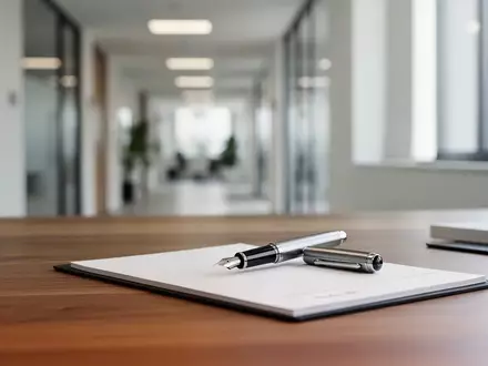 Ein minimalistischer Büroarbeitsplatz mit einem Notizblock und einem Füllfederhalter bei natürlichem Tageslicht. - Foto: über boerse-global.de