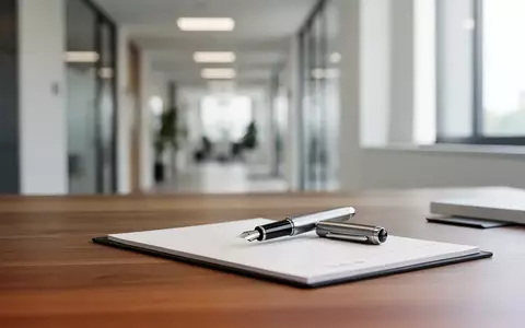 Ein minimalistischer Büroarbeitsplatz mit einem Notizblock und einem Füllfederhalter bei natürlichem Tageslicht. - Foto: über boerse-global.de
