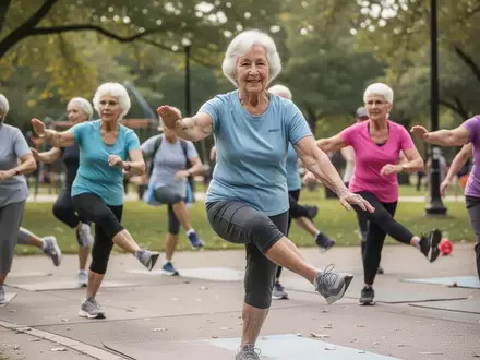Eine Gruppe von Senioren bei einer gemeinsamen Fitness-Übung im Freien in einem öffentlichen Park. - Foto: über boerse-global.de