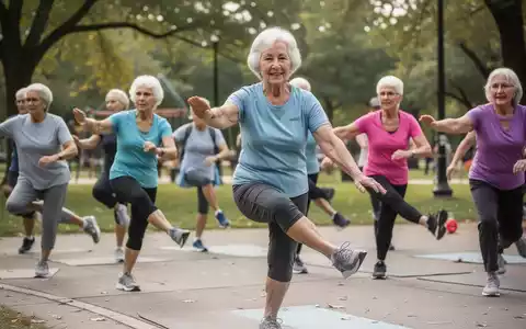 Eine Gruppe von Senioren bei einer gemeinsamen Fitness-Übung im Freien in einem öffentlichen Park. - Foto: über boerse-global.de