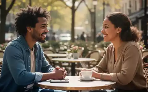 Zwei Erwachsene unterhalten sich freundschaftlich an einem sonnigen Tisch in einem Café. - Foto: über boerse-global.de