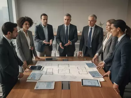 Ein Team von Führungskräften berät in einem modernen Büro über strategische Umstrukturierungen für die KI-Implementierung. - Foto: über boerse-global.de