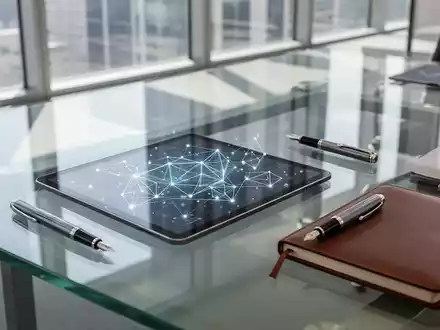 Ein moderner Konferenztisch im Büro mit einem Tablet, das abstrakte Datenvisualisierungen zur Tokenisierung zeigt. - Foto: über boerse-global.de