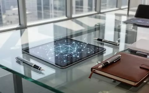 Ein moderner Konferenztisch im Büro mit einem Tablet, das abstrakte Datenvisualisierungen zur Tokenisierung zeigt. - Foto: über boerse-global.de
