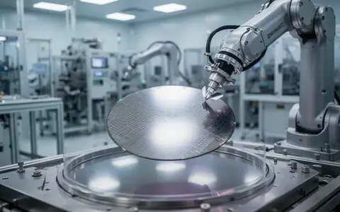Ein Roboterarm in einer modernen Halbleiter-Fertigungsanlage hält einen glänzenden Silizium-Wafer. - Foto: über boerse-global.de